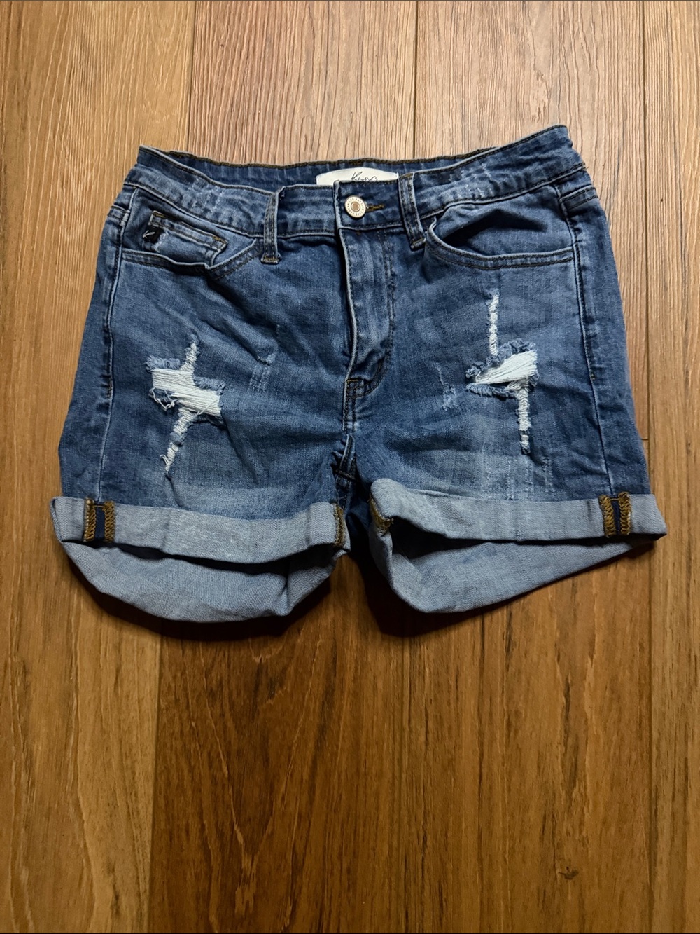 KanCan Dark Blue Distressed Rolled Hem Jean Shorts